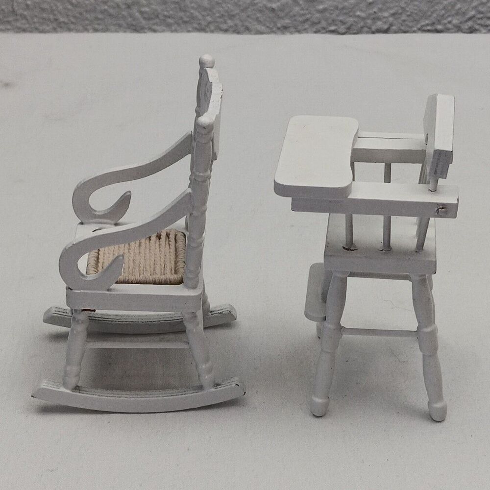 1:12 Dollhouse Mini Furniture High Chair & Classic Rocking Chair White Wood - Picture 4 of 9